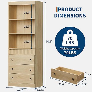 71in H Fluted Bookshelf 3 Drawers 3Tier Open Shelves Wood Color