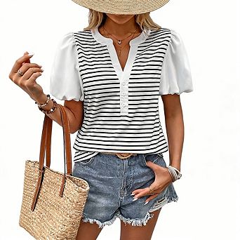 Women's Striped V-Neck Blouse Puff Short Sleeves 3/4Button Front Casual Beach Top