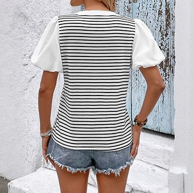Women's Striped V-Neck Blouse Puff Short Sleeves 3/4Button Front Casual Beach Top