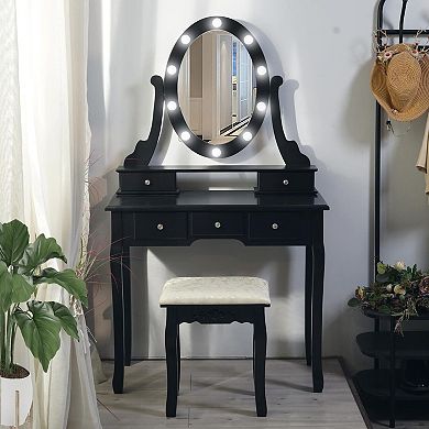 Vanity Desk, Girls Vanity Set with Lighted Mirror and Stool, Makeup Table with 5 Drawers