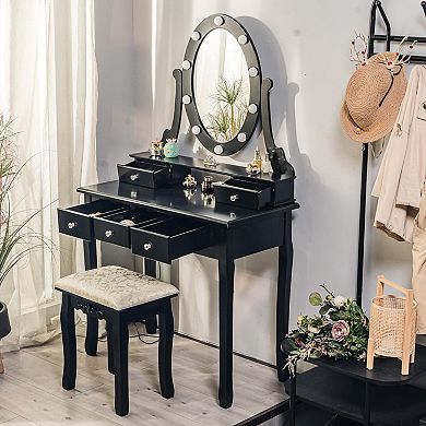 Vanity Desk, Girls Vanity Set with Lighted Mirror and Stool, Makeup Table with 5 Drawers