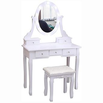 Vanity Desk, Girls Vanity Set with Lighted Mirror and Stool, Makeup Table with 5 Drawers
