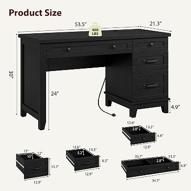 54in Wooden Executive Desk with Charging Station Home Office