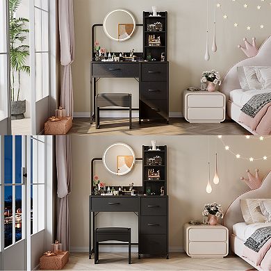 Modern Vanity Desk with LED Mirror & Adjustable Lights, 4 Fabric Drawers, Storage Shelves