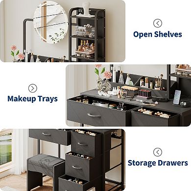 Modern Vanity Desk with LED Mirror & Adjustable Lights, 4 Fabric Drawers, Storage Shelves