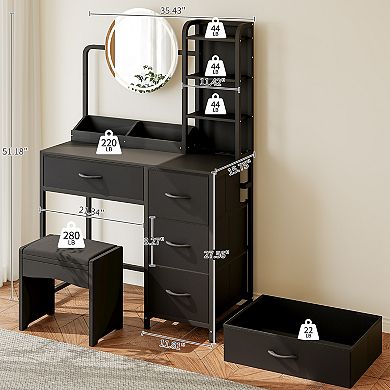 Modern Vanity Desk with LED Mirror & Adjustable Lights, 4 Fabric Drawers, Storage Shelves