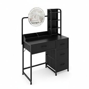 Modern Vanity Desk with LED Mirror & Adjustable Lights, 4 Fabric Drawers, Storage Shelves