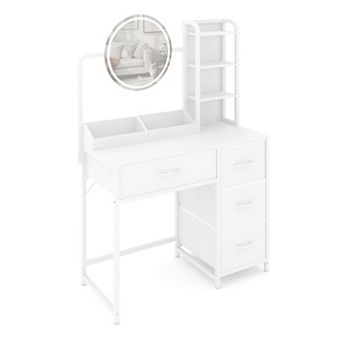 Modern Vanity Desk with LED Mirror & Adjustable Lights, 4 Fabric Drawers, Storage Shelves