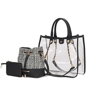 MKF Collection Diva PVC Tote Bag, Tweed Bucket Bag & Pouch