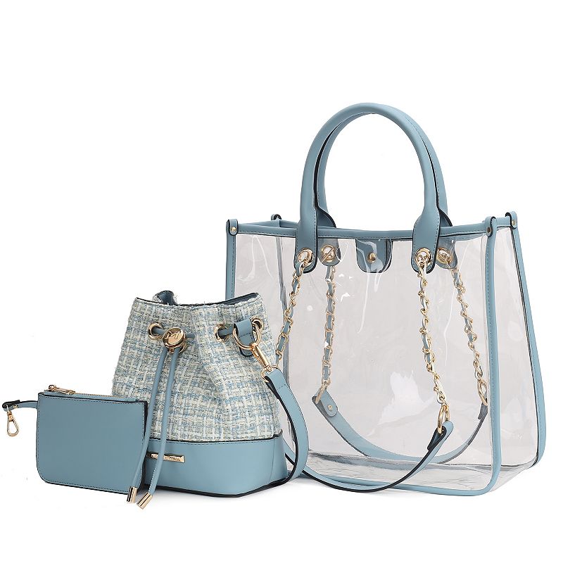 MKF Collection Diva PVC Tote Bag, Tweed Bucket Bag & Pouch, Blue