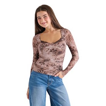 Juniors' madden girl Square Neck Side Ruched Long Sleeve Top