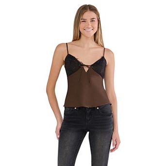 Juniors' madden girl Satin Babydoll Tank with Lace & Tie Detail