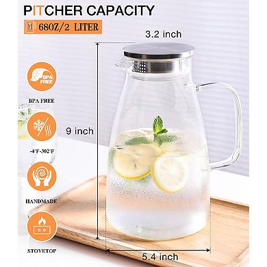 Glass Pitcher With Lid Water Jug 2 Liter 68oz