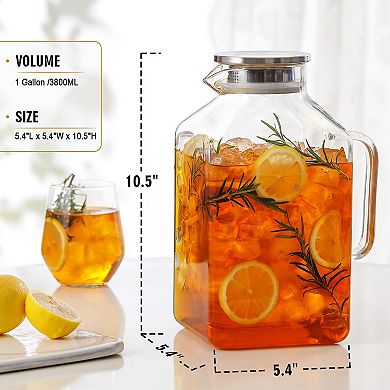 Square Glass Pitcher with Lid Spout Handle 1 Gallon