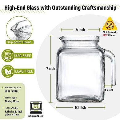 Glass Pitcher with Lid Spout Glass Jar 68oz