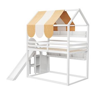 Trikiousd Wood Full Size House Loft Bed w/ Built-In Bookshelves, Slide & Striped Fabric Canopy