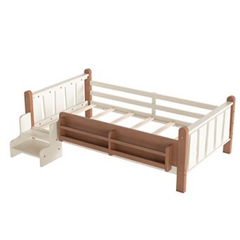 Trikiousd Twin Size Montessori Bed Kids Wood Bed Daybed Platform Bed Frame w/ Bookcases & Stairs