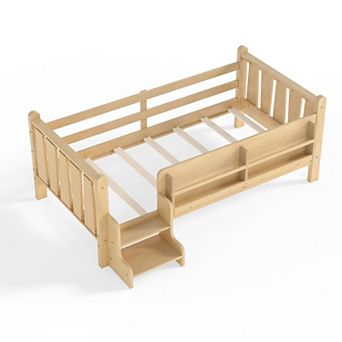 Trikiousd Twin Size Montessori Bed Kids Wood Bed Daybed Platform Bed Frame w/ Bookcases & Stairs