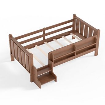 Trikiousd Twin Size Montessori Bed Kids Wood Bed Daybed Platform Bed Frame w/ Bookcases & Stairs