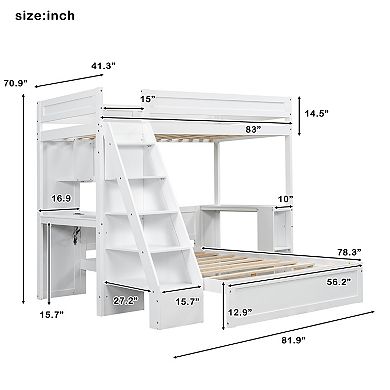 Trikiousd Twin XL Over Full Bunk Bed with Desk, Storage Ladder & Charging Station