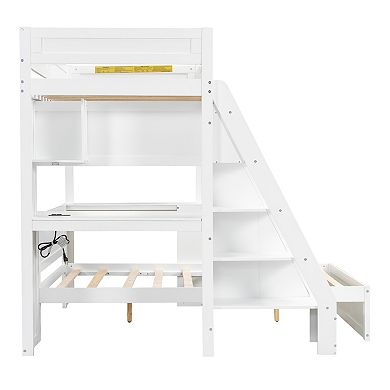 Trikiousd Twin XL Over Full Bunk Bed with Desk, Storage Ladder & Charging Station