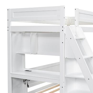 Trikiousd Twin XL Over Full Bunk Bed with Desk, Storage Ladder & Charging Station