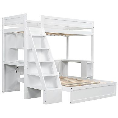 Trikiousd Twin XL Over Full Bunk Bed with Desk, Storage Ladder & Charging Station