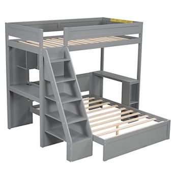 Trikiousd Twin XL Over Full Bunk Bed with Desk, Storage Ladder & Charging Station