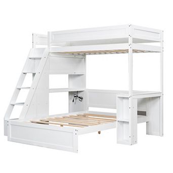 Trikiousd Twin XL Over Full Bunk Bed with Desk, Storage Ladder & Charging Station
