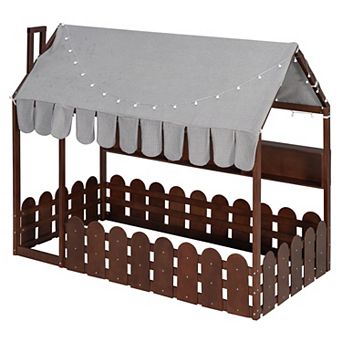 Trikiousd Twin Size House Bed Kids Montessori Floor Bed w/Fence Railings, Lights & 3 Storage Shelves