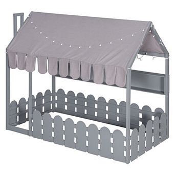 Trikiousd Twin Size House Bed Kids Montessori Floor Bed w/Fence Railings, Lights & 3 Storage Shelves