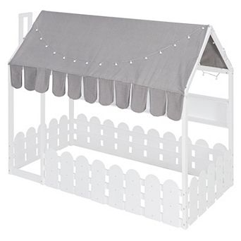 Trikiousd Twin Size House Bed Kids Montessori Floor Bed w/Fence Railings, Lights & 3 Storage Shelves