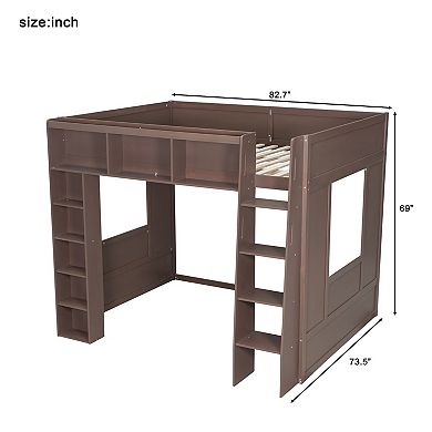 Trikiousd Queen Size Wooden Bed Frame Loft Bed w/ Storage Shelves for Teens/Adults