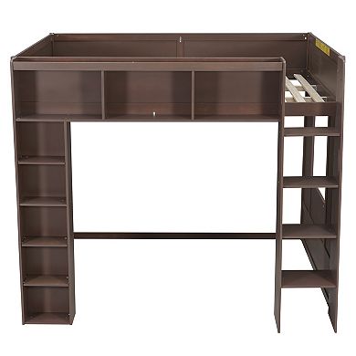 Trikiousd Queen Size Wooden Bed Frame Loft Bed w/ Storage Shelves for Teens/Adults