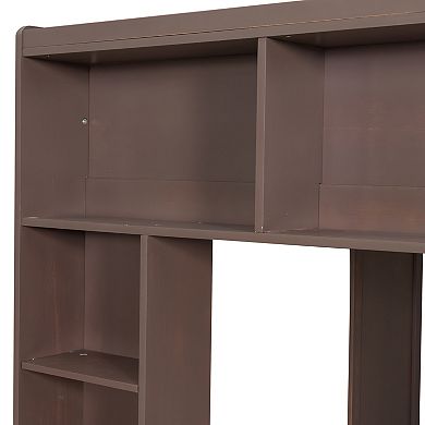 Trikiousd Queen Size Wooden Bed Frame Loft Bed w/ Storage Shelves for Teens/Adults