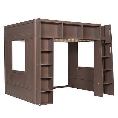 Trikiousd Queen Size Wooden Bed Frame Loft Bed w/ Storage Shelves for Teens/Adults