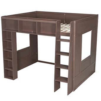 Trikiousd Queen Size Wooden Bed Frame Loft Bed w/ Storage Shelves for Teens/Adults
