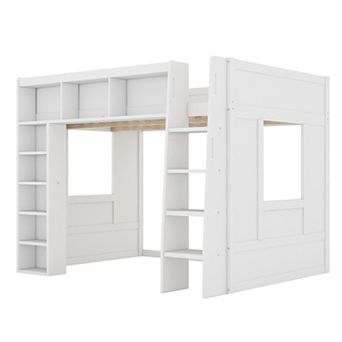 Trikiousd Queen Size Wooden Bed Frame Loft Bed w/ Storage Shelves for Teens/Adults