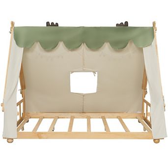 Trikiousd Kids House Bed Forest Element Wood Montessori Floor Bed with Tent & Light