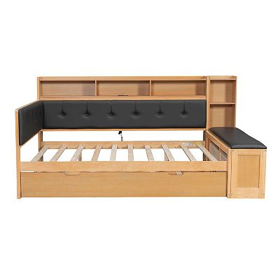 Trikiousd Wood Full Size Corner Daybed Platform Bed w/Trundle, Bench & Charging Station