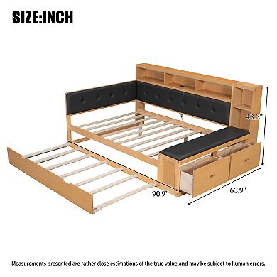 Trikiousd Wood Full Size Corner Daybed Platform Bed w/Trundle, Bench & Charging Station