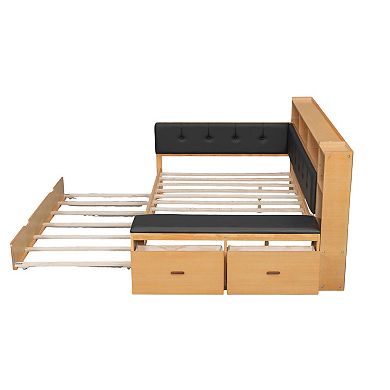 Trikiousd Wood Full Size Corner Daybed Platform Bed w/Trundle, Bench & Charging Station