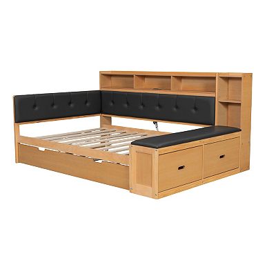 Trikiousd Wood Full Size Corner Daybed Platform Bed w/Trundle, Bench & Charging Station