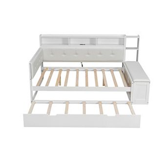 Trikiousd Wood Full Size Corner Daybed Platform Bed w/Trundle, Bench & Charging Station