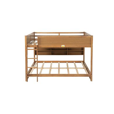 Trikiousd Queen Over Queen Bunk Bed Solid Pine Wood Bed w/ Storage Shelves & Charging Station