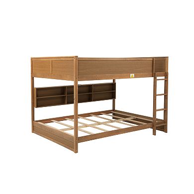 Trikiousd Queen Over Queen Bunk Bed Solid Pine Wood Bed w/ Storage Shelves & Charging Station