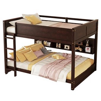 Trikiousd Queen Over Queen Bunk Bed Solid Pine Wood Bed w/ Storage Shelves & Charging Station
