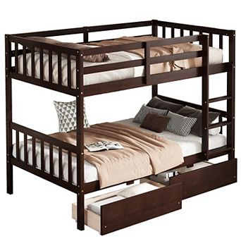 Trikiousd Twin Over Twin Rubber Wood Bunk Bed Convertible into Twin Size Beds w/ Trundle & 2 Drawers