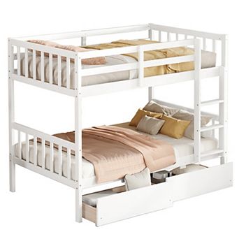 Trikiousd Twin Over Twin Rubber Wood Bunk Bed Convertible into Twin Size Beds w/ Trundle & 2 Drawers