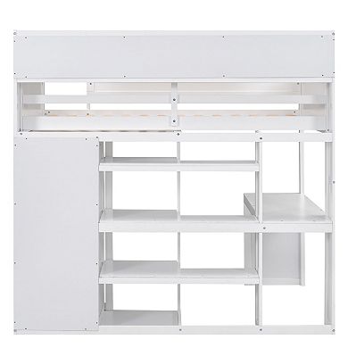 Trikiousd Twin Size Loft Bed Wooden Bedframe w/ Multiple Storage Shelves & Wardrobe, Built-in Desk